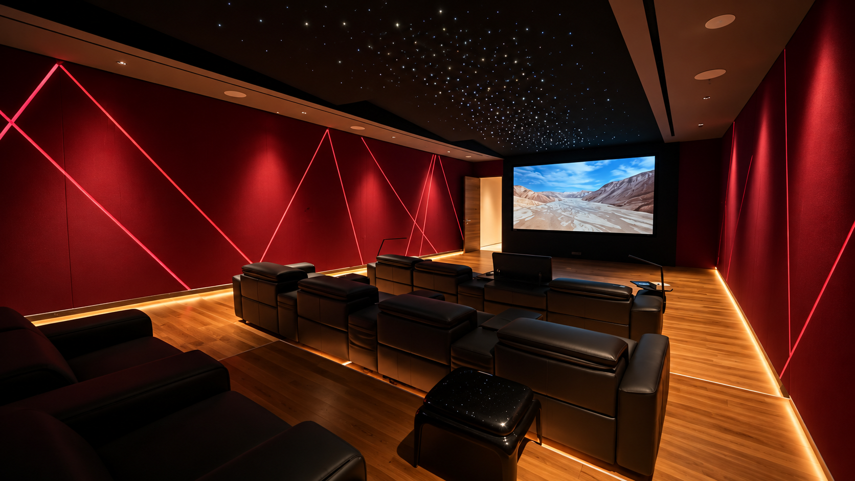 HAP custom home theatre with red feature walls and starry ceiling