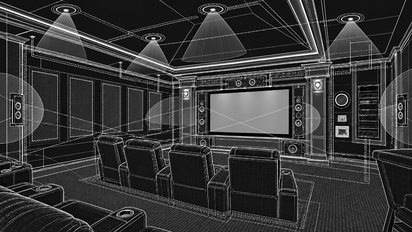 Black and white theatre planning blueprint showing screen wall, speaker positions and acoustic layout