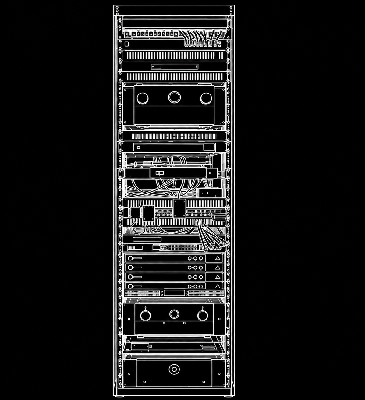 Monochrome technical outline of an AV equipment rack and concealed home theatre infrastructure