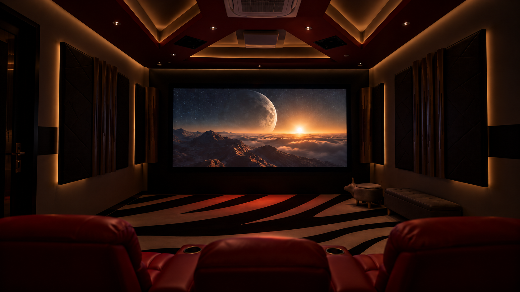 Custom home theatre designed as part of the home, with warm architectural lighting and cinema seating