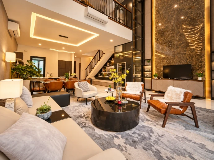 Luxury living and dining room illuminated in Welcome lighting scene
