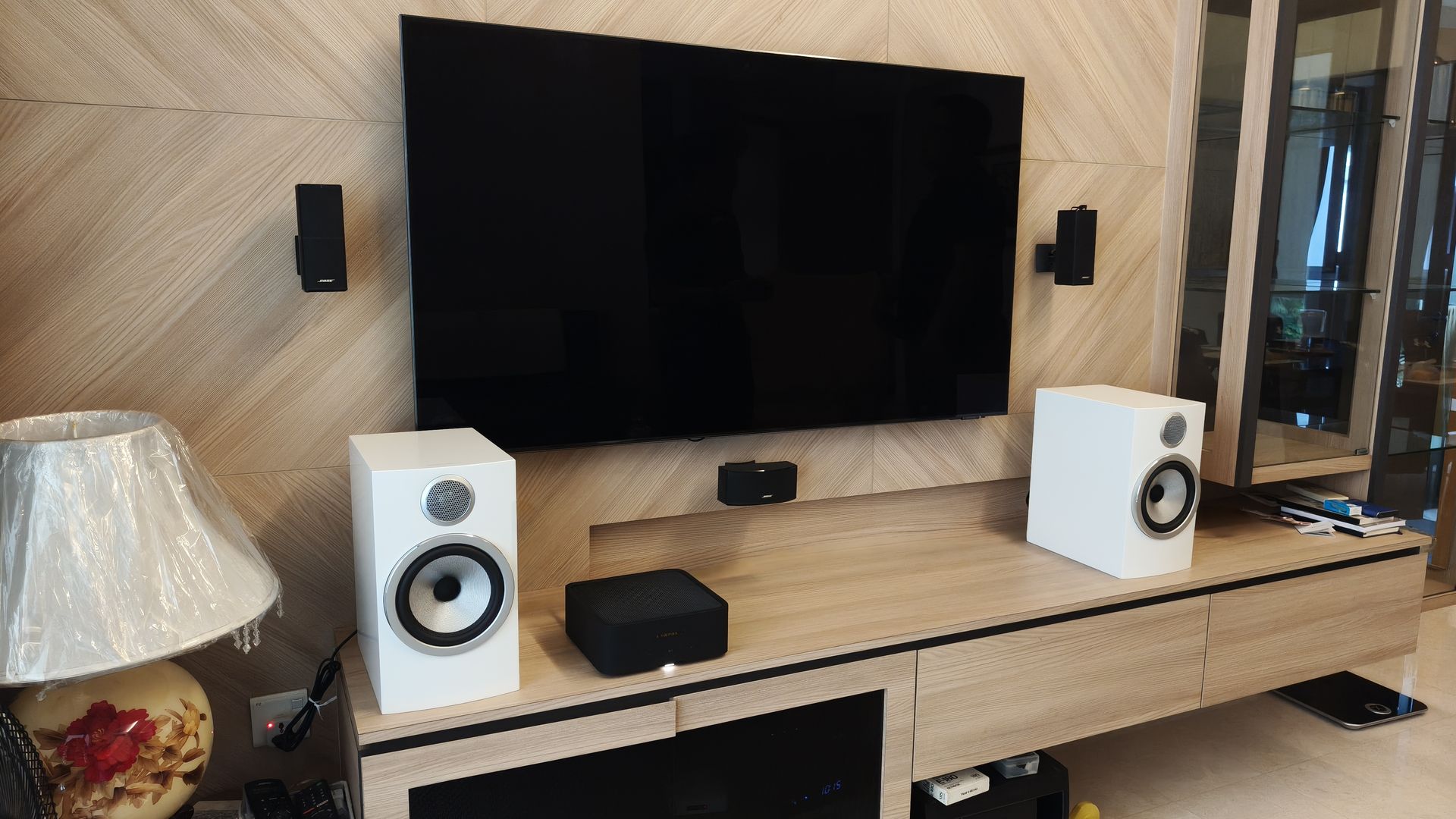 White Bowers & Wilkins 606 S3 speakers at Patrick Road, Singapore
