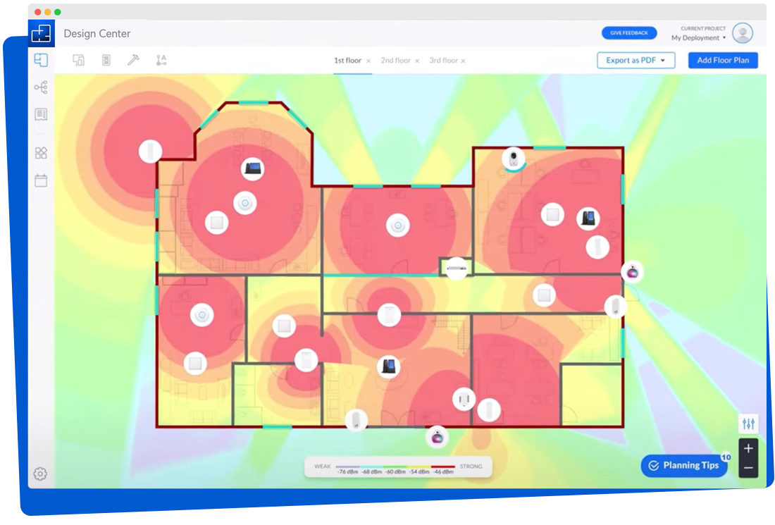 RUCKUS cloud management and WiFi coverage visual