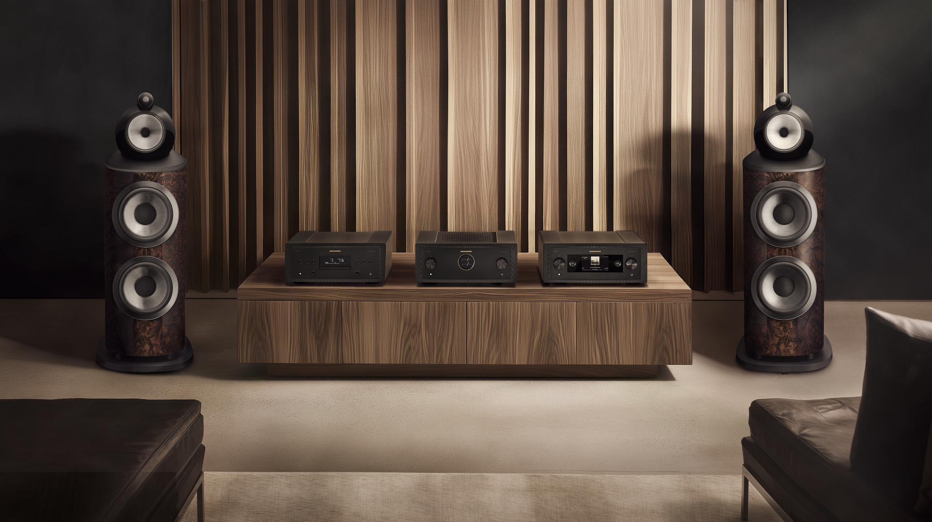 Premium home entertainment room with hi-fi speakers and AV electronics