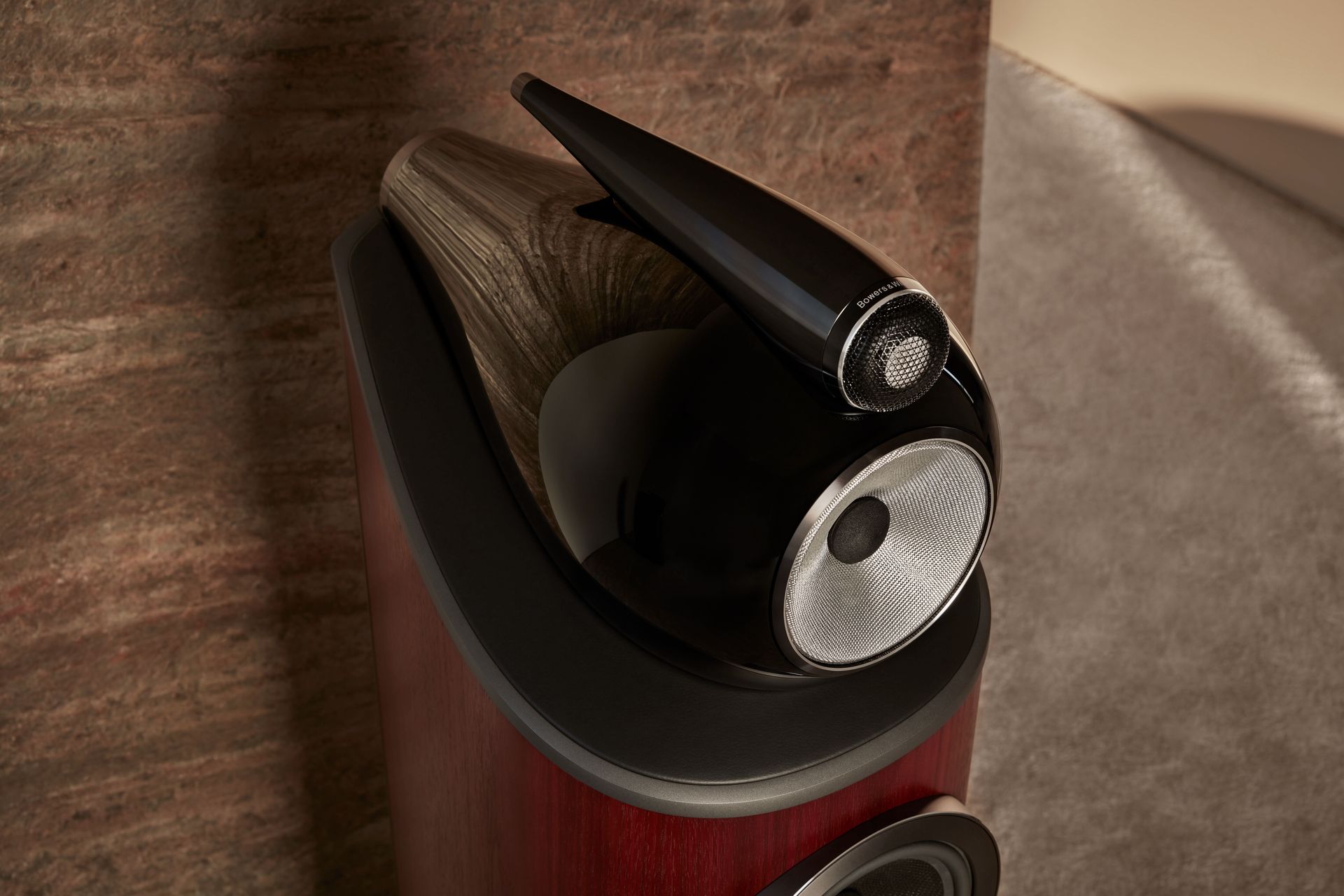 Bowers and Wilkins 803 D4 Satin Rosenut side view in HAP showroom