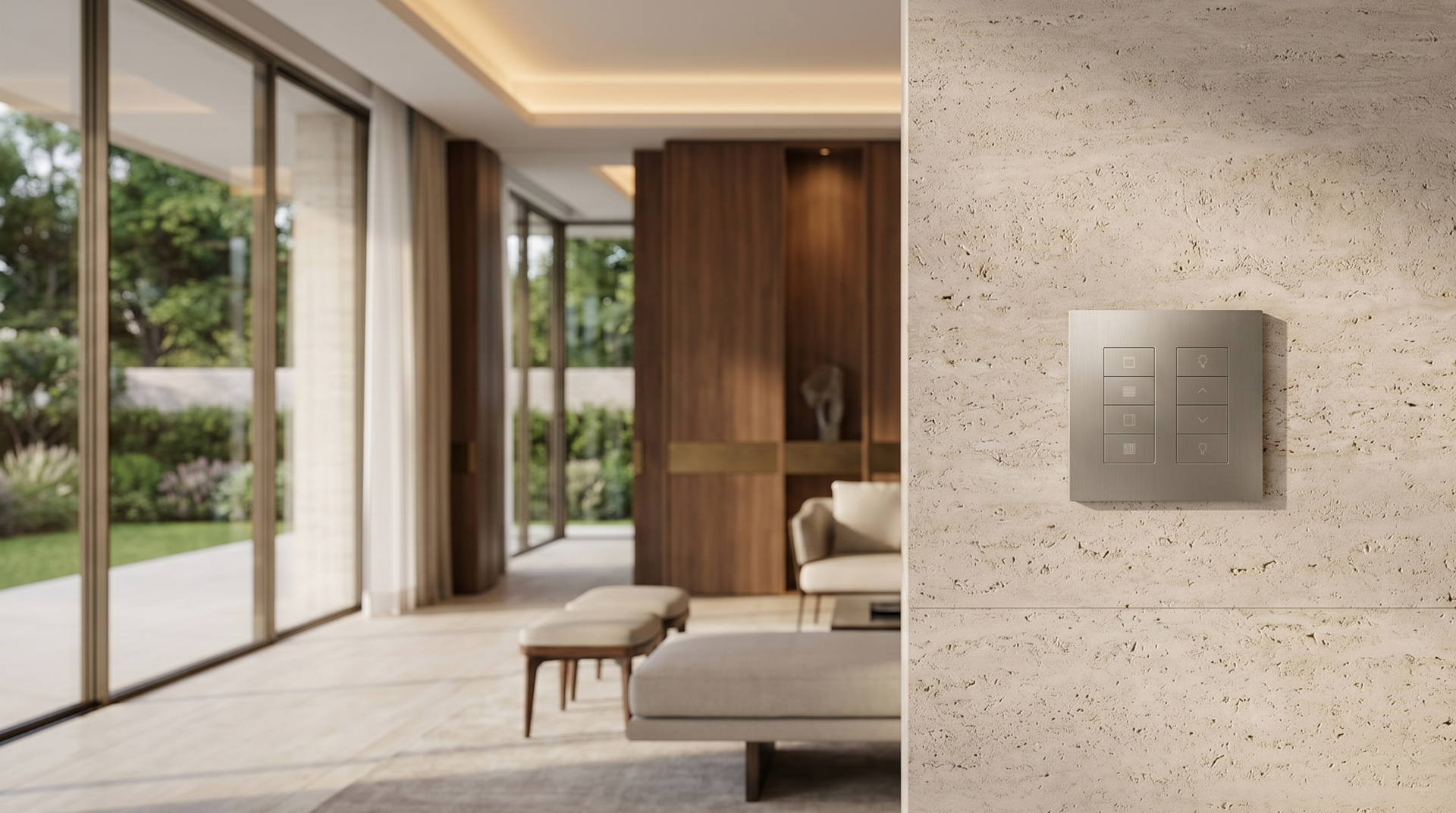 Lutron Palladiom architectural keypad installed flush on luxury wood paneling