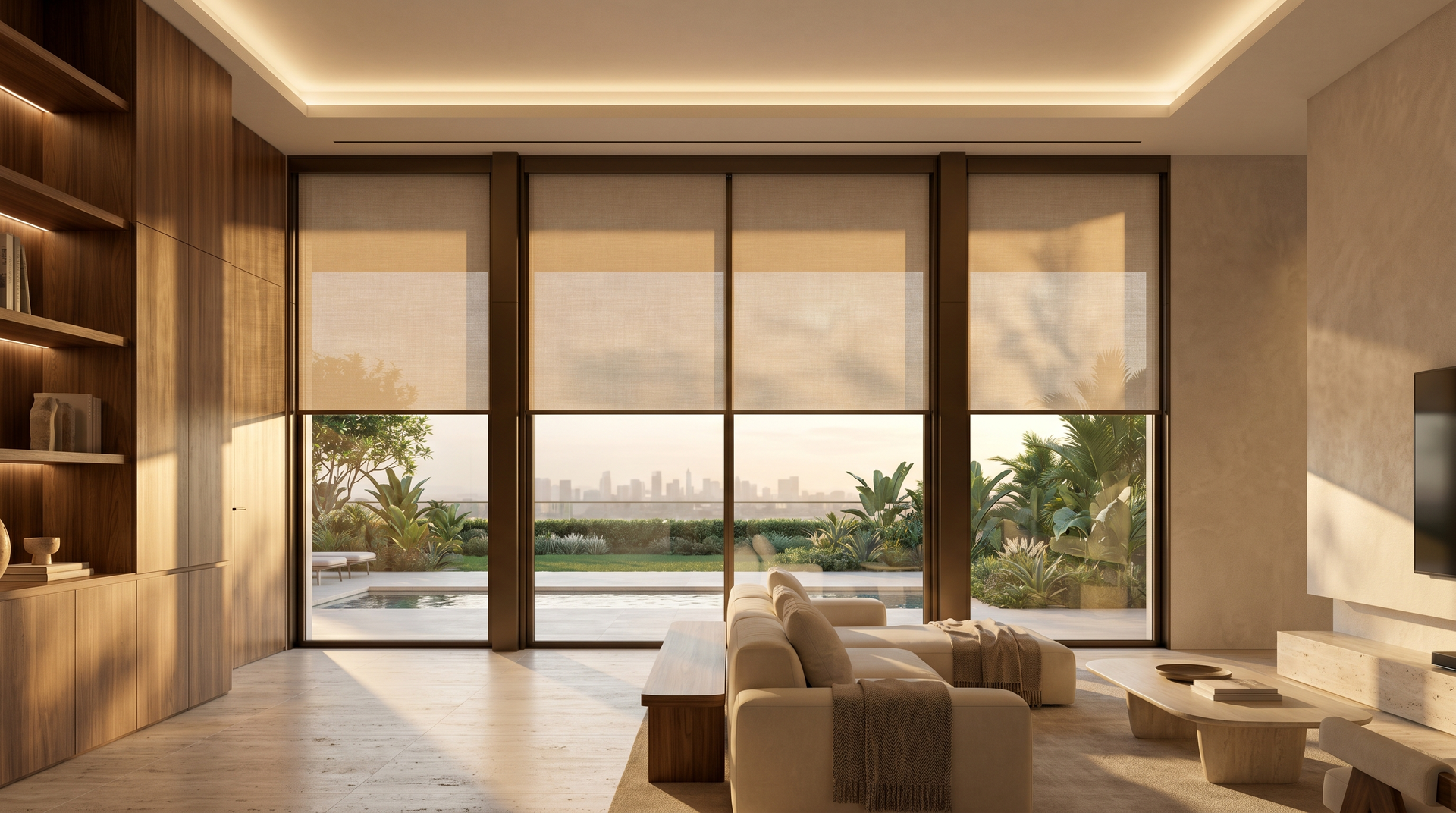 Concealed ceiling pocket motorized shading on luxury residential windows