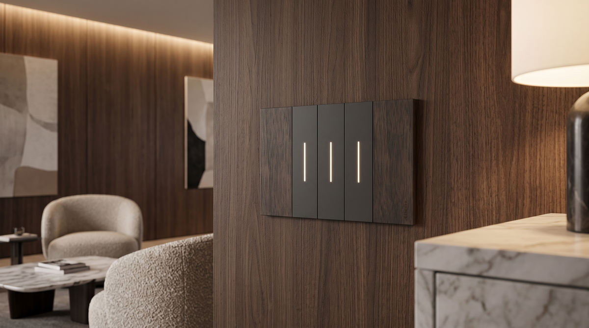 BTicino LivingNow KNX keypad integrated with a premium interior wall design