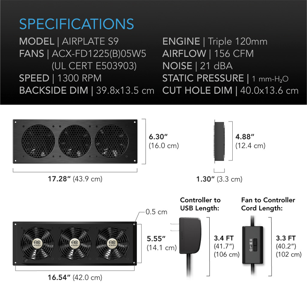 AC Infinity AIRPLATE S9, Home Theater + AV Cabinet Quiet Cooling Fan System AI-APS9