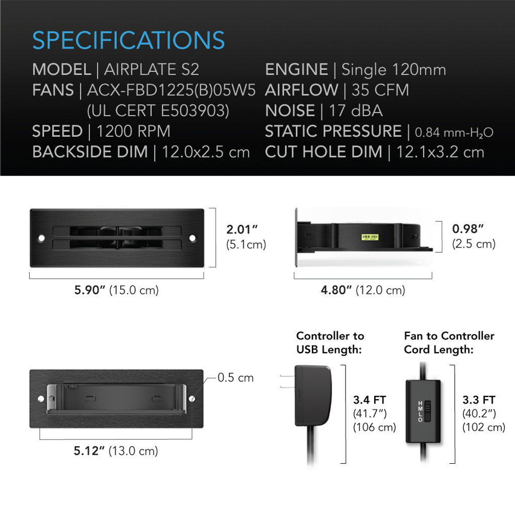 AC Infinity AIRPLATE S2, Home Theater + AV Cabinet Quiet Cooling Blower System 6" AI-APS2