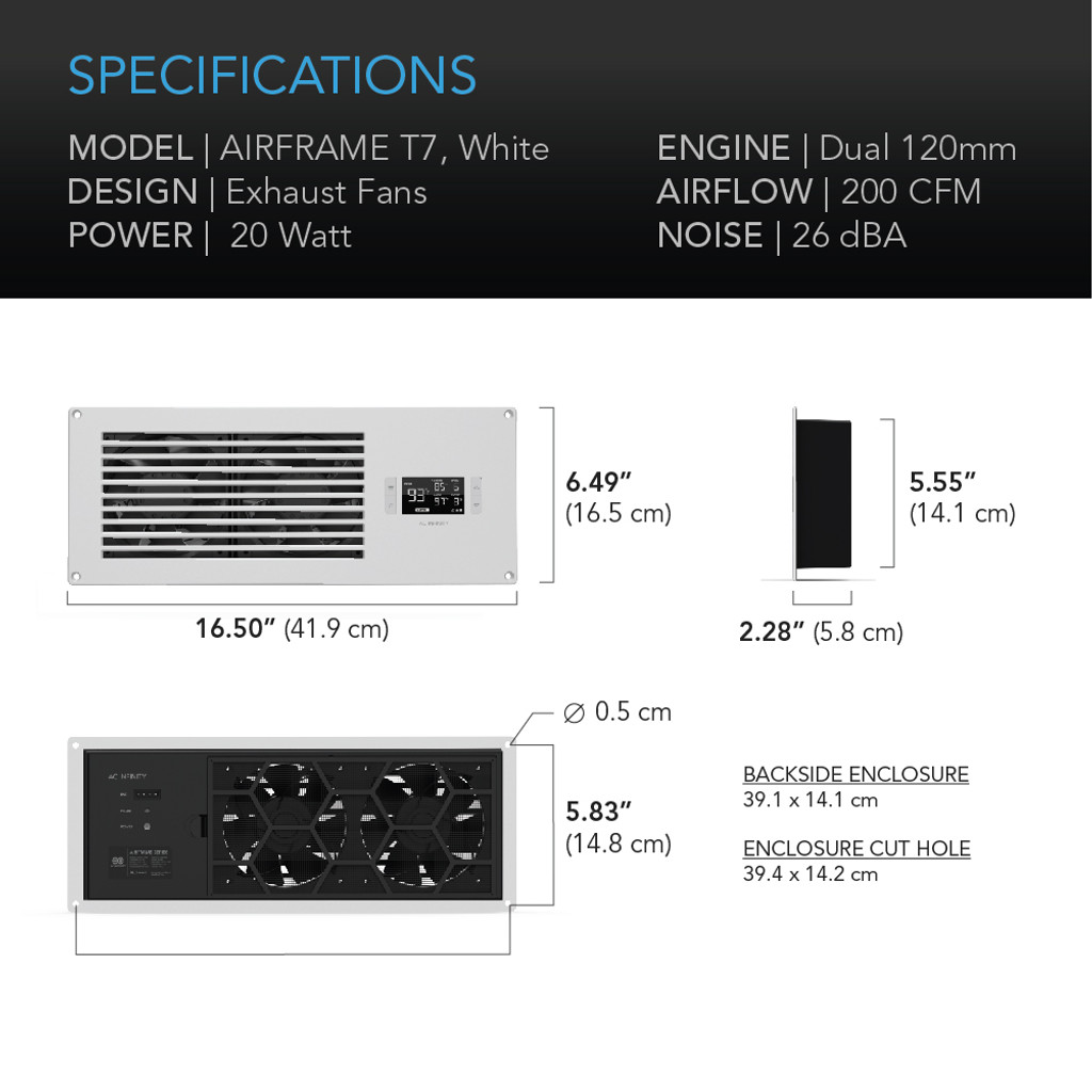 AC Infinity AIRFRAME T7 White, AV Equipment Closet + Room Fan System 17", Exhaust, AC-AFT7-WE