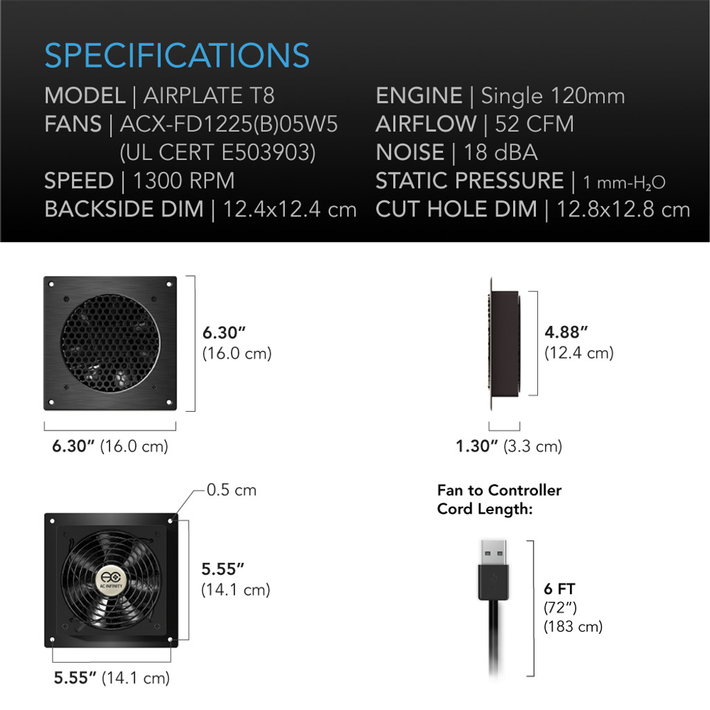 AC Infinity AIRPLATE T8 White, Home Theater + AV Quiet Cabinet Cooling Dual-Fan System 6", AI-APT8