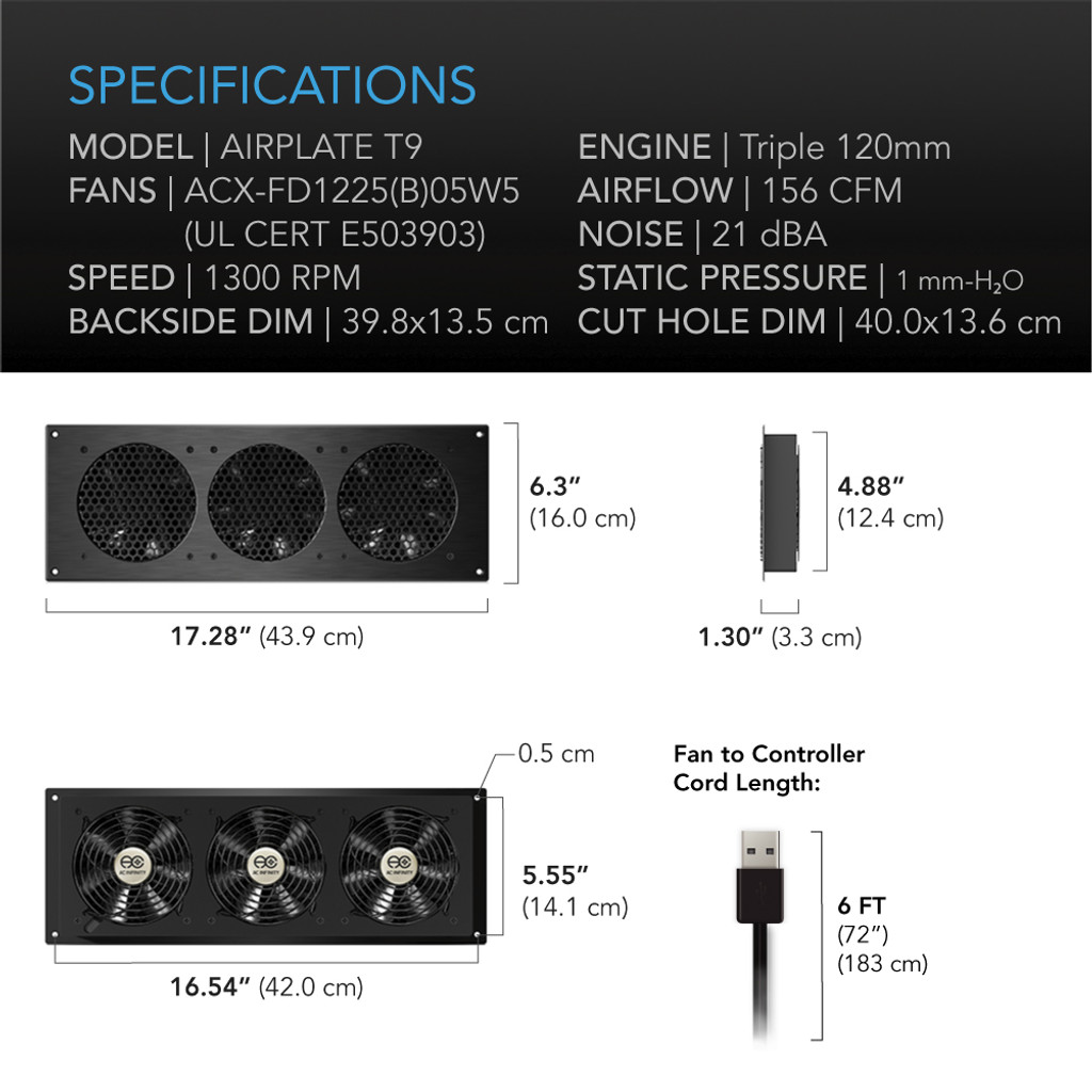 AC Infinity AIRPLATE T9 Black Cooling Fan System 18" AI-APT9