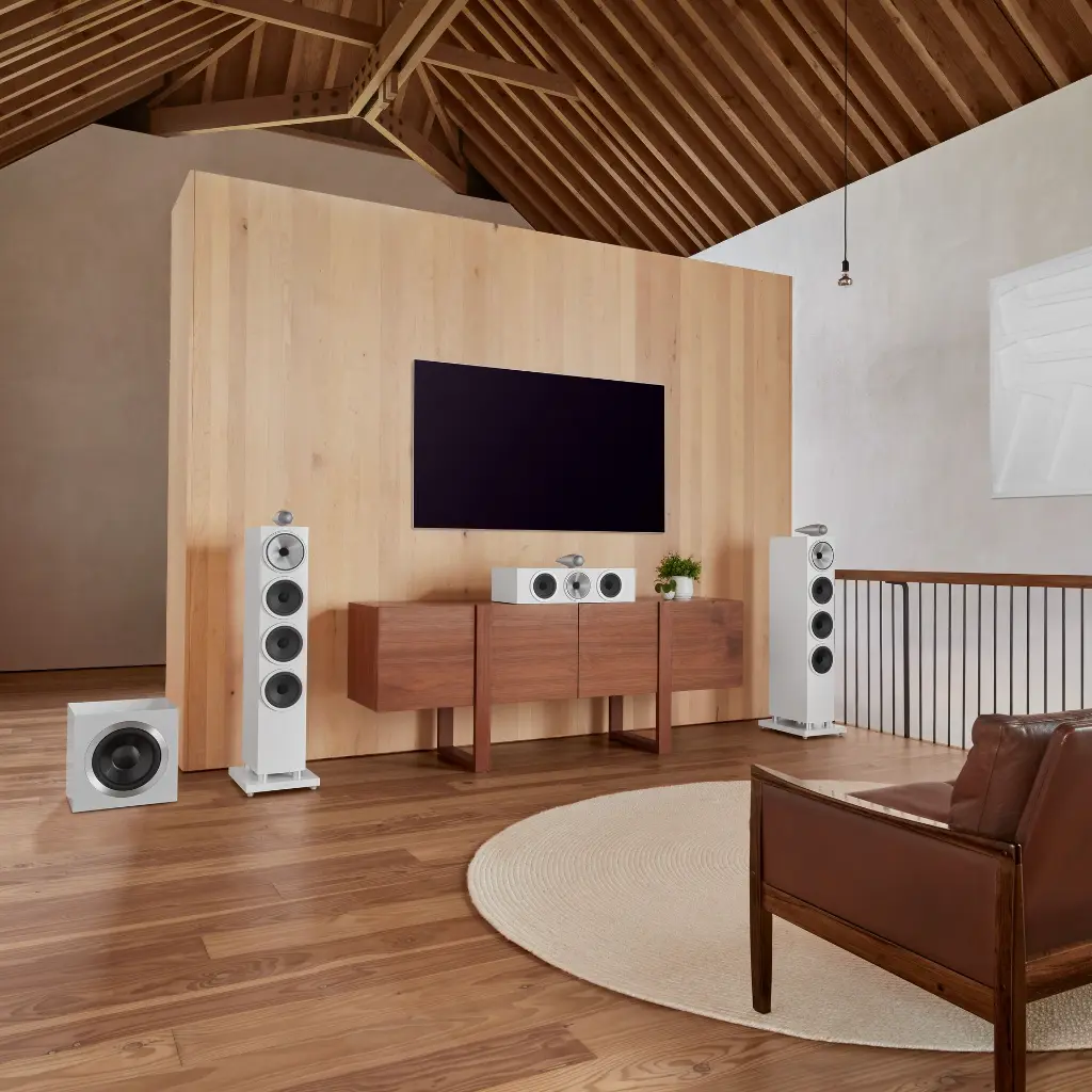 B&W - 702 S3 with HTM71 S3 and DB4S - Satin White - Lifestyle 34 - 1x1.webp
