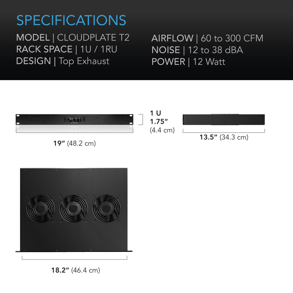AC Infinity CLOUDPLATE T2, Quiet Rack Cooling Fan System 1U, Top Exhaust, AI-CPT2