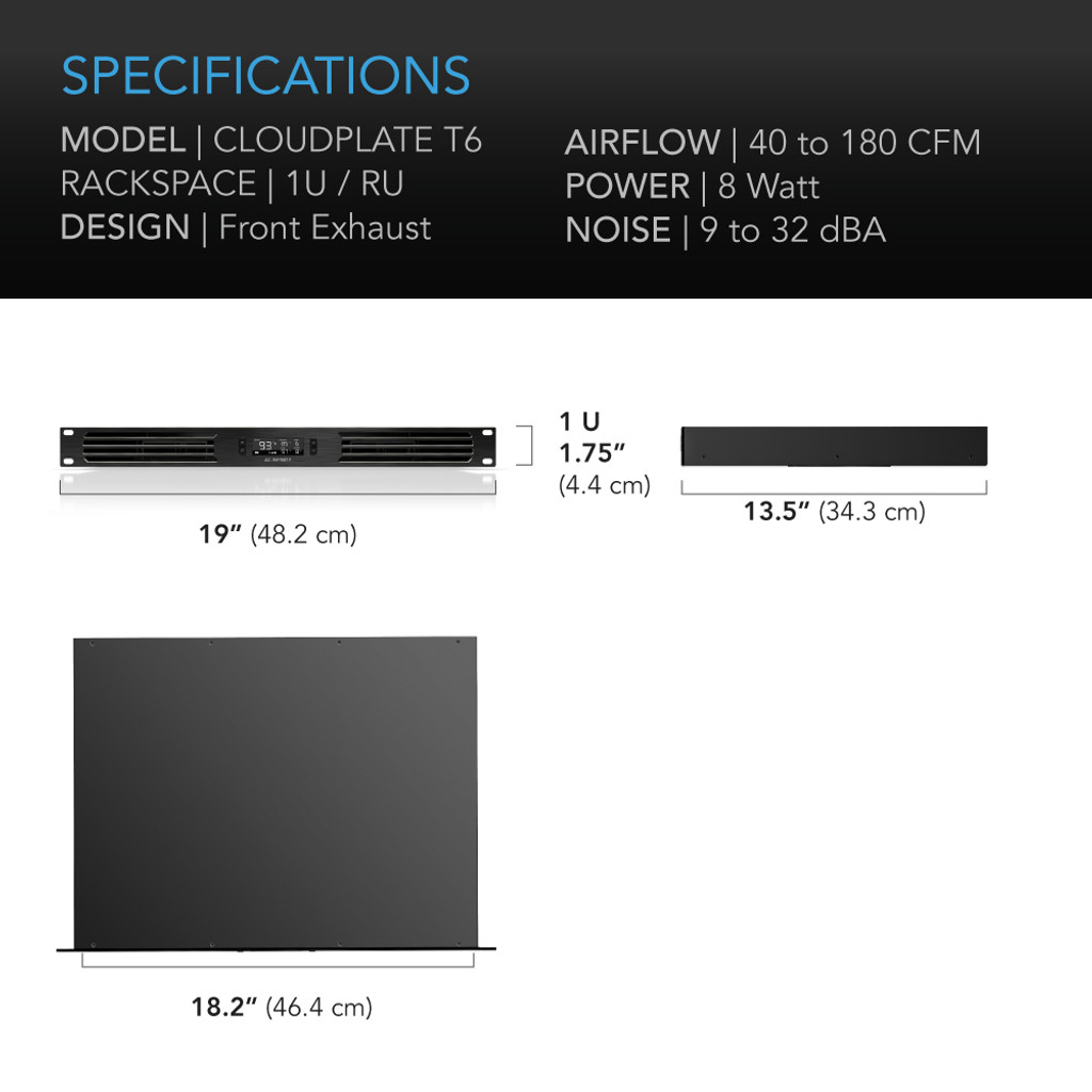 AC Infinity CLOUDPLATE T6, Quiet Rack Cooling Fan System 1U, Front Exhaust, AI-CPT6