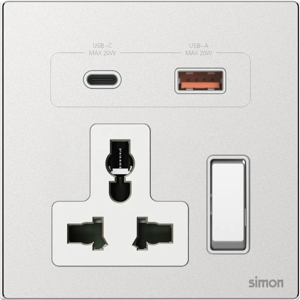 [66E7253M-2A] 66E7253M Simon M7 Metal Multi Socket w/ USB A+C (2A-Frosted Silver)