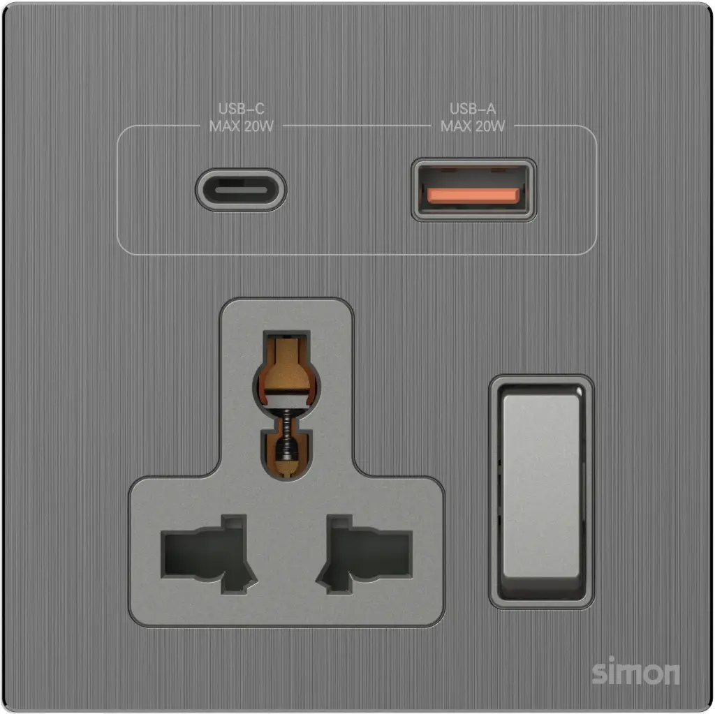 66E7253M Simon M7 Metal Multi Socket w/ USB A+C