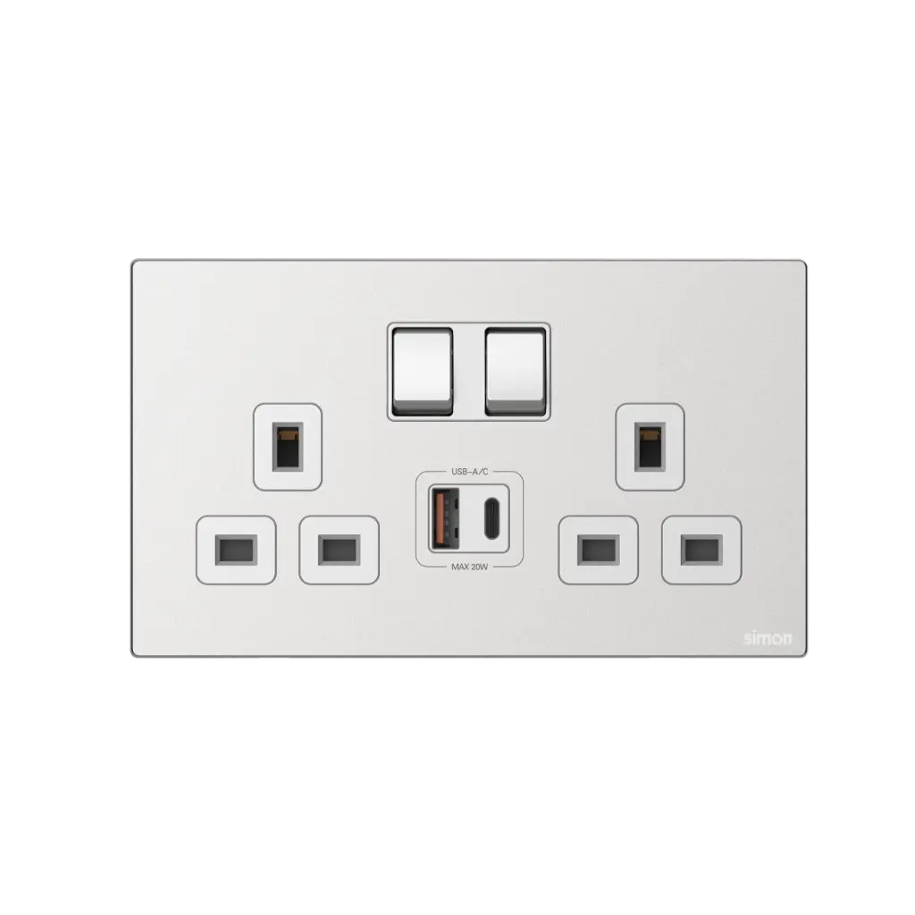 [664585M-2A] 664585M SIMON M7 Metal Twin 13A BS Socket w/USB A+C (2A-Frosted Silver)