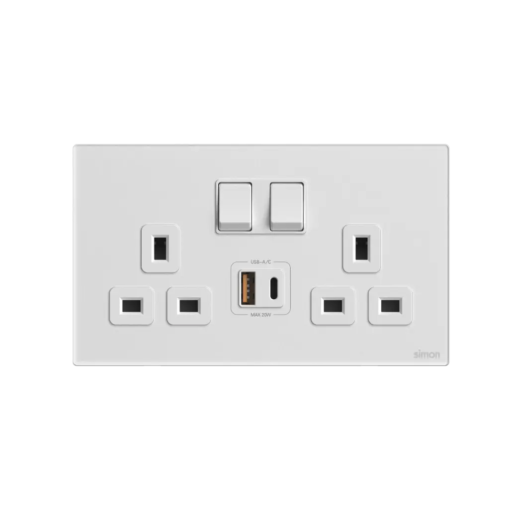 [664585G-4F] 664585G SIMON M7 Gem (Glass) Twin 13A BS Socket w/USB A+C (4F-Diamond White)